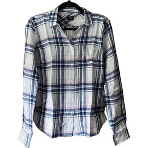 NWOT Untuckit Women's De Toren Flannel Plaid Button Up Shirt White Pink Blue 2